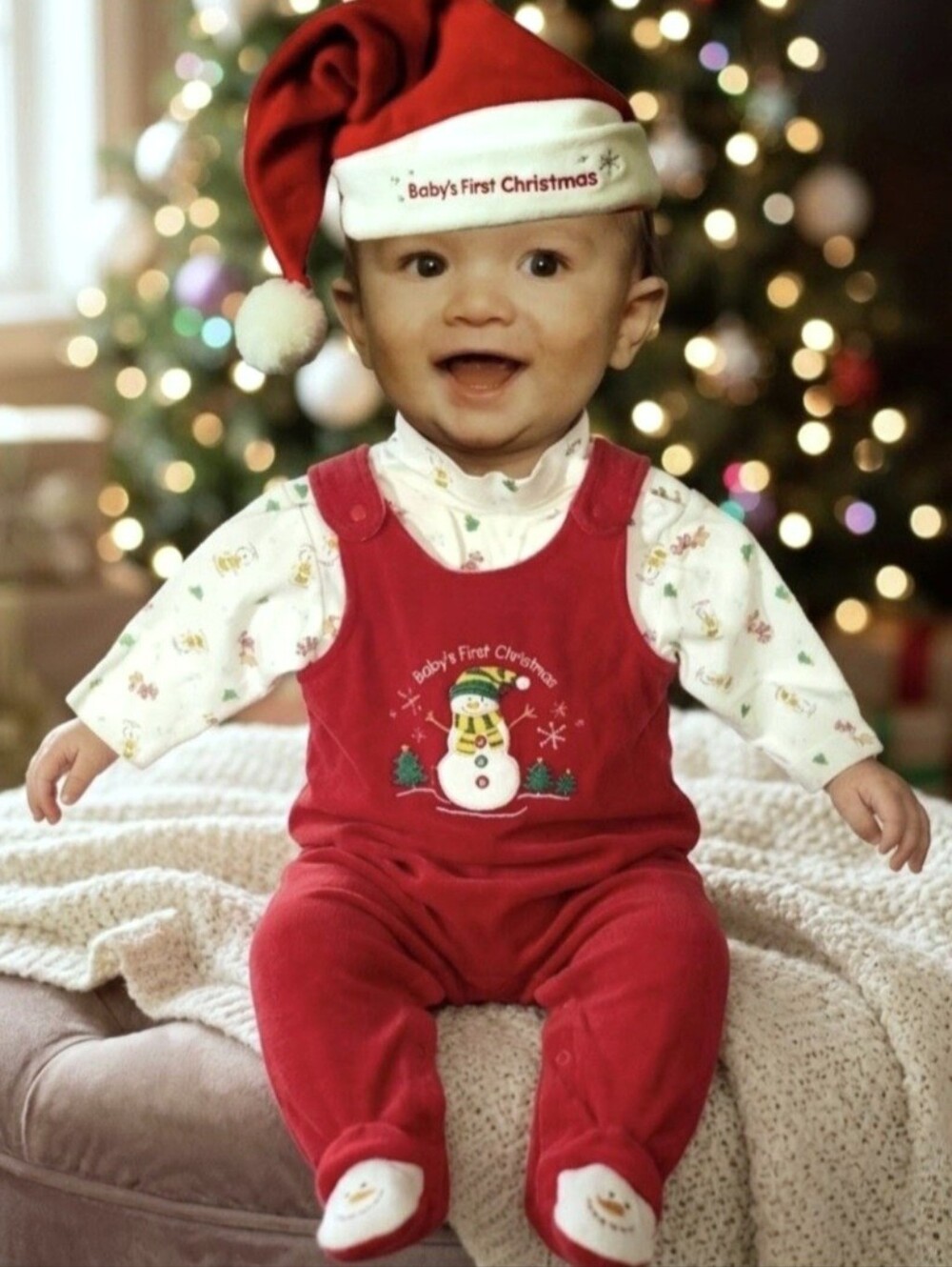 Vtg Y2K KRU red velvet snowman graphics baby 1st Christmas jumper Santa hat 6-9m